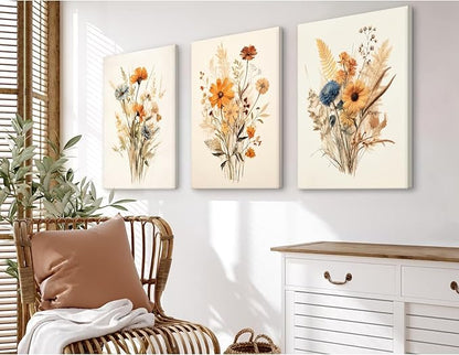 Botanical Floral Wall Art Set of 3 Vintage Wildflower Canvas Wall Decor Watercolor Rustic Farmhouse Wall Art Aesthetic Botanical Pictures Vintage Floral Prints for Bedroom 24x36 Inch Ready to Hang
