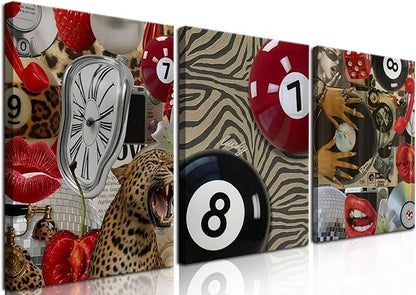 Trendy Leopard Cheetah Wall Art Set of 3, Black Woman Wall Decor Paintings Black Teen Girl Music 8 Ball Poster Canvas Prints Aesthetic for Bedroom Living Room Dorm 12x16 inch Framed