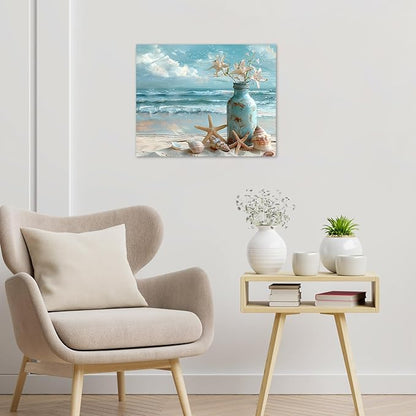 LB Beach Coastal Wall Art Starfish with White Flower in Vintage Vase on Teal Beach Wall Art Beach Scene Canvas Wall Decor for Living Room Bedroom Bathroom Office Framed Ready to Hang 16L x 20W