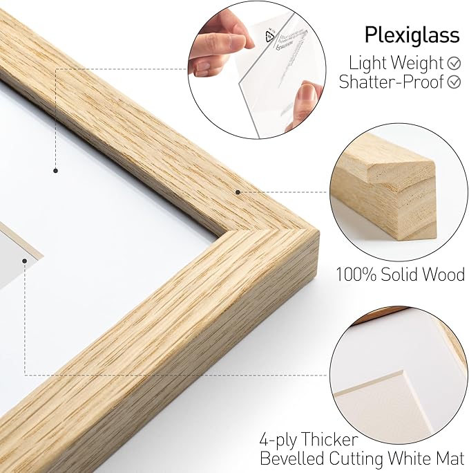 Yaetm Minimalist 16x20 Oak Picture Frame with Mat for 11x14, Natural Solid Oak Wood 16x20 Frame for Wall, Lightweight, Wall Mount, Single