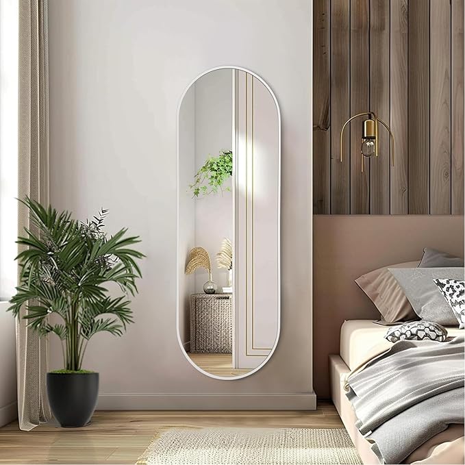 Oval Bathroom Mirror 48 x 16 Inch, Large White Full Length Mirror, Oval Pill Shaped Vanity Mirror Metal Framed Aluminum Frame Decor Vanity Living Room Entryway