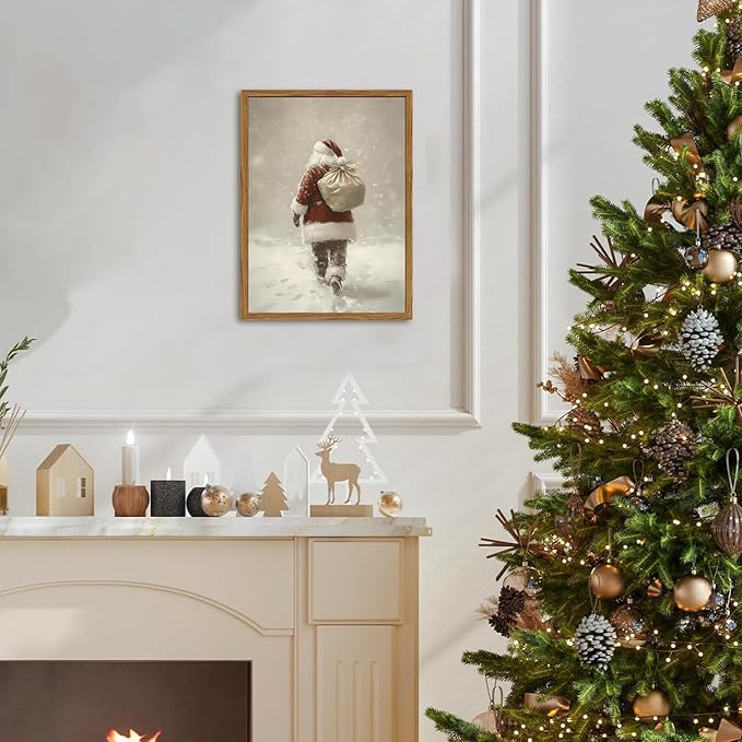 Framed Vintage Christmas Canvas Wall Art, Rustic Santa Claus Walking Snowy Wall Decor Paintings, Winter Holiday Aesthetics Pictures Print Christmas Home Decor for Living Room Bedroom 12×16 inch