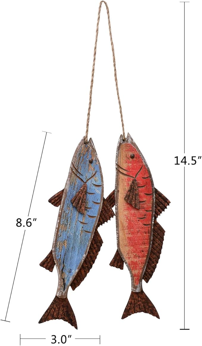 Wooden Fish Hanging Wood Decor for Wall, Rustic Nautical Beach Theme Home Decoration Sculpture Home Decor for Bathroom Bedroom Lake House Decoration