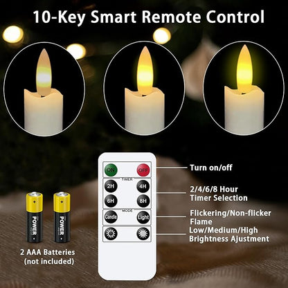 2 PCS Upgraded Real Wax LED Flameless Taper Candles with Remote, KSWING White Candlesticks Battery Operated 3D Flickering - 9.6” Long Realistic Fake Candle Sticks for Home/Wedding/Fireplace Xmas Decor