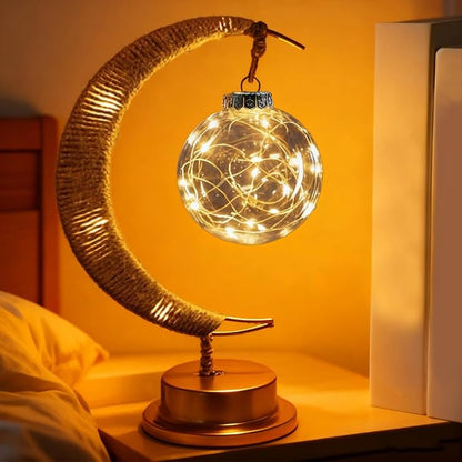 Ramadan Decorative Crescent Moon Table Night Light with Hanging Ball Battery Operated Lighting Suitable for Home Bedroom Shop Dining Holiday Party Eid Festival Lights (HGmoon-Ball)