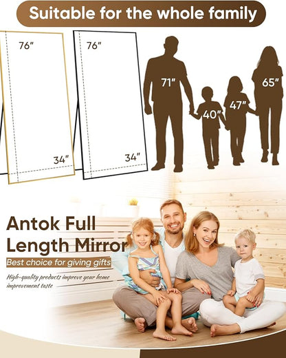 Antok 76''x34'' Full Length Mirror, Shatterproof HD Oversized Floor Mirror with Stand, Aluminum Alloy Frame Leaning Standing or Wall Mounted Mirror for Bedroom Living Room Entryway, Black