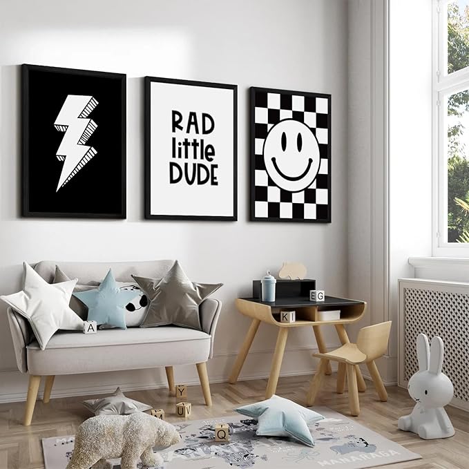 Boys Room Wall Art Decor Toddler Nursery Canvas Wall Art Baby Kids Wall Decor Black Checkered Smiley Poster Pictures Retro Playroom Rad Little Dud Art Prints for Bedroom 12x16x3 Inch Wood Framed