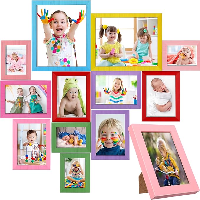 Namalu 12 Pcs Picture Frames Collage Colorful Wall Decor Wood Photo Frames Gallery Wall Pictures Frame Collage Set Art Frames for Kids Art Artwork Wall Tabletop Display, 3 Size