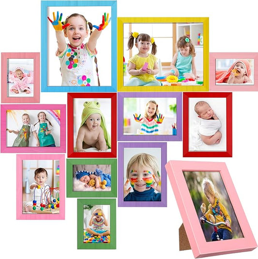 Namalu 12 Pcs Picture Frames Collage Colorful Wall Decor Wood Photo Frames Gallery Wall Pictures Frame Collage Set Art Frames for Kids Art Artwork Wall Tabletop Display, 3 Size