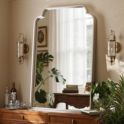 GLSLAND 30"x48" Petal Arch Bathroom Mirror – Modern Metal Frame Vanity Mirror with Scalloped Edge for Over Sink, Bedroom, Living Room, Entryway, Non-Rusting Decorative Wall Mirror, Silver