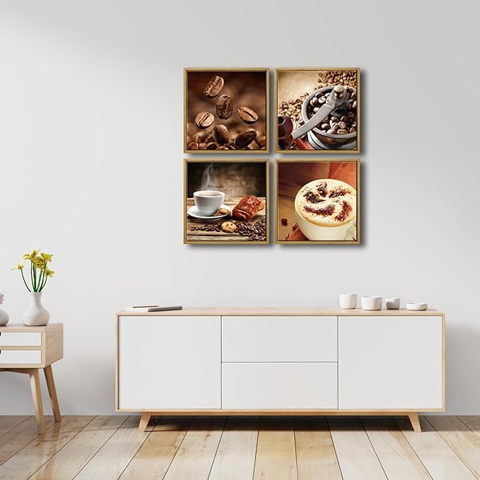 Wieco Art Framed 4 Panels Canvas Wall Art Coffee Bean Kitchen Canvas Prints Wall Art for Living Room Decor Bedroom Home Bathroom Wall Decor