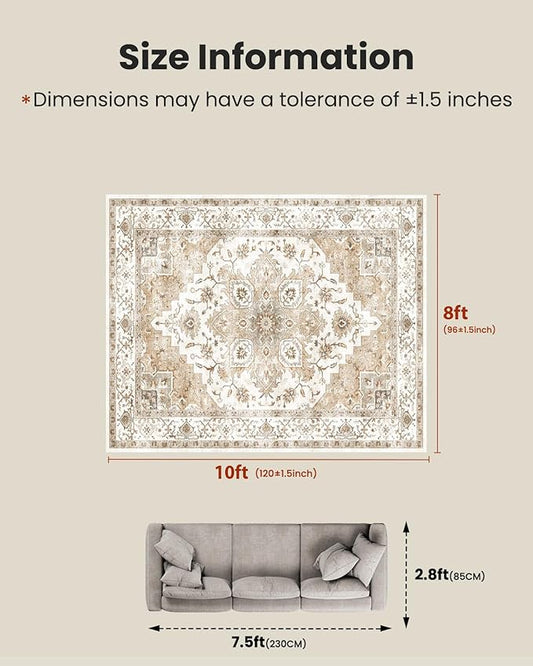 Amada 8x10 Area Rugs, Low-Profile Large Washable Area Rug with Non-Slip Backing & Durable Edge Binding, Vintage Rugs for Living Room, Bedroom, Dinning Room