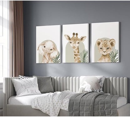 Nursery Animal Wall Art Decor Safari Jungle Nursery Pictures Baby Boy Room Canvas Wall Decor Woodland Animals Prints Safari Giraffe Artwork for Boys Kids Bedroom 16x24 Inch Wrapped Canvas Set of 3