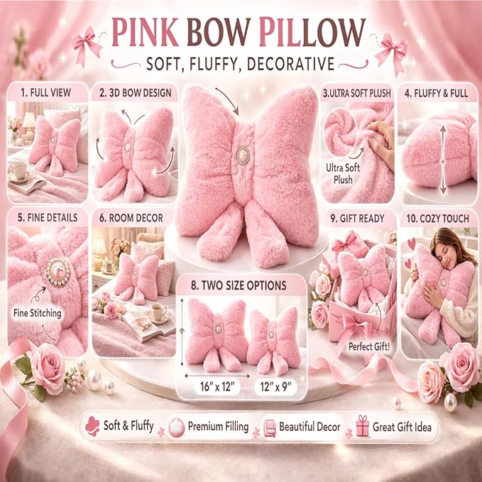 Pink Bow Pillow 12x9 Inch, Cute Plush Bow Shaped Decorative Pillow with Back Strap, Coquette Room Decor for Teen Girls Bedroom Chair Couch Car