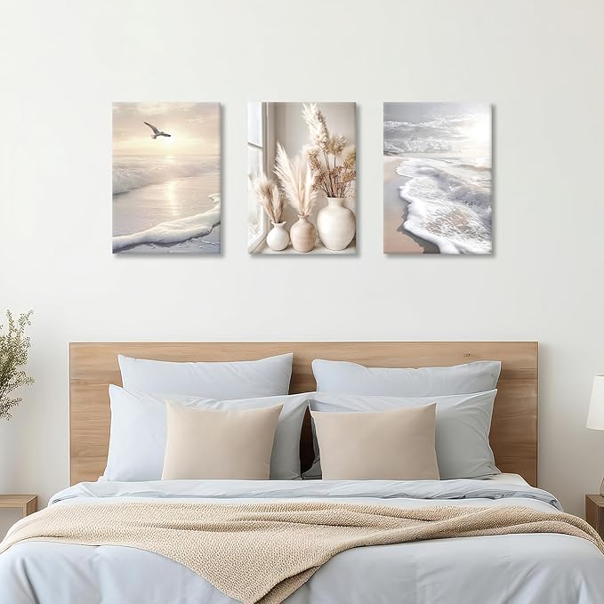 3 Pcs Beach Seaside Wall Art for Bedroom, Modern Beige Reeds Botanical Wall Picture Aesthetic Nature Coastal Sunset Landscape Wall Painting Poster Art Prints for Bedroom Office Home Decor 12"x16"x3Pcs