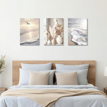 3 Pcs Beach Seaside Wall Art for Bedroom, Modern Beige Reeds Botanical Wall Picture Aesthetic Nature Coastal Sunset Landscape Wall Painting Poster Art Prints for Bedroom Office Home Decor 12"x16"x3Pcs