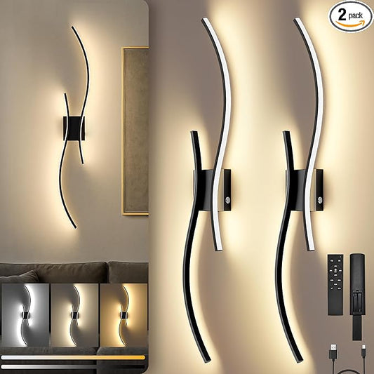 Battery Operated Wall Sconces Set of Two, 10000mAh Rechargeable Modern Wall Lights with Remote Control, Dimmable Black LED Cordless Lighting for Living Room, Bedroom, Hallway, 39.4 Inch, 3CCT