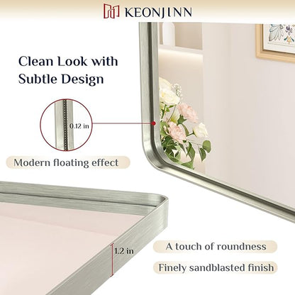 Keonjinn 55 x 36 Brushed Nickel Bathroom Mirrors for Over Sink, Large Rounded Rectangle Bathroom Vanity Mirror, Modern Decorative Silver Mirror, HD Tempered Glass Wall Mirror(Horizontal/Vertical)