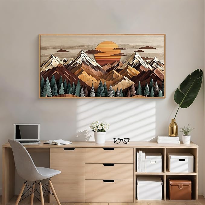 KAIRNE Woodcut Style Mountain Framed Canvas Wall Art Set,Wooden Pine Tree Wall Decor,Vintage Forest Landscape Art Prints,Nature Sunrise Artwork for Living Room,Bedroom,Farmhouse,Office-40 x20 x1