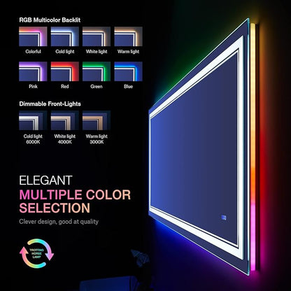 48x32 inch LED Lighted Bathroom Mirror,RGB Color Changing LED Mirror for Bathroom,Dimmable Anti-Fog Backlit Vanity Mirror (RGB Multicolor Backlit + Adjustable Front-Lighted)