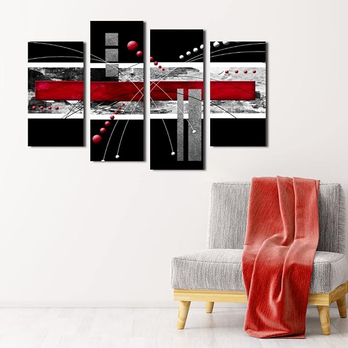 YPY Large Black Red Canvas Wall Art - 4 Panels Modern Abstract Picutre Set for Home Decoration - Contemporary Painting Artwork Ready to Hang Living Room Bedroom W64 x H46