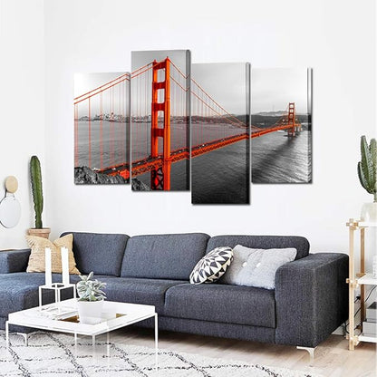 KREATIVE ARTS Extra Large 4 Pieces Black White and Red Canvas Prints Wall Art San Francisco Golden Gate Bridge Pictures Cityscape Painting Printed on Canvas Art Work for Walls Decoration L64xH43
