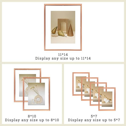 Frametory, Floating Picture Frames Set - Rose Gold Metal Photo Frames - Real Glass - Display One 11x14, Two 8x10, and Four 5x7 Inch Photos for Home Decoration