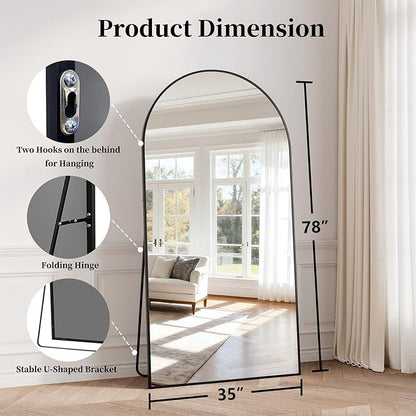 Full Length Mirror, 78"x35" Arched Full Body Mirrors, Large Floor Mirror with Stand, Hanging Mounted for Bedroom Living Room Cloakroom, Aluminum Alloy Frame, Black