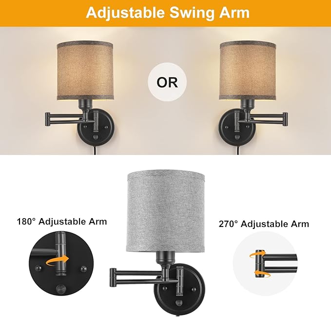 GOODATE Dimmable Plug in Wall Sconces, Swing Arm Wall Lamp, Wall Sconces Set of Two, Plug in Wall Light, Sconces Wall Decor Set of 2, Grey Fabric Shade, 2pcs Bulbs Included