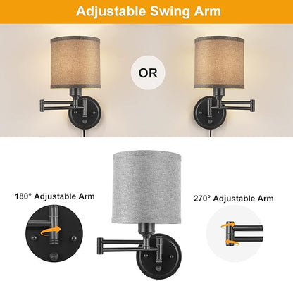 GOODATE Dimmable Plug in Wall Sconces, Swing Arm Wall Lamp, Wall Sconces Set of Two, Plug in Wall Light, Sconces Wall Decor Set of 2, Grey Fabric Shade, 2pcs Bulbs Included