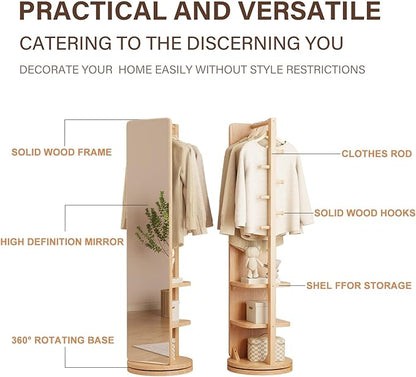 WoodsWhisper Full Length Mirror Coat Rack Solid Wood Floor Mirror 66"x12" Full Length Mirror with Stand Long Mirrors for Bedroom,Living Room (Natural, 66" Lx12 W)