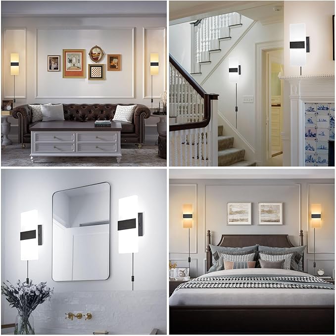 TRLIFE Modern LED Wall Sconces, Adjustable 4 Color Temperature 12W Wall Sconce Plug in, Acrylic Wall Mounted Light Set of 2 Wall Lights with 6FT Plug in Cord for Bedroom Stairway(2 Pack, Black)