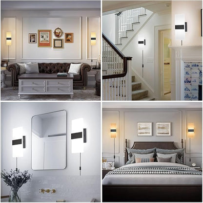 TRLIFE Modern LED Wall Sconce, Adjustable 4 Color Temperature 12W Morden Wall Sconce Plug in, Acrylic Wall Mounted Light Wall Lights with 6FT Plug in Cord for Bedroom Bedside Stairway(1 Pack, Black)