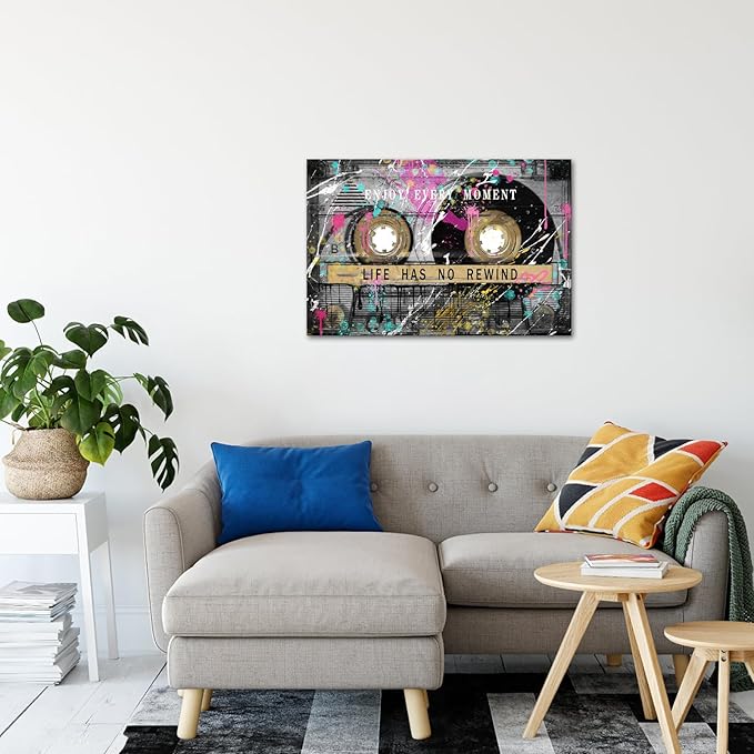 KREATIVE ARTS Vintage Graffiti Street Art Canvas Retro Cassette Tape Life Quote Wall Art Inspirational and Motivational Office Decor 24x36 Inch Stretched Canvas Ready to Hang