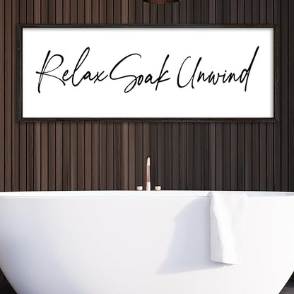 Relax Soak Unwind Wall Decor Art 32"X12" Bathroom Sign Shower Room above the Bathtub Large Wood Framed Wall Hanging (Black)