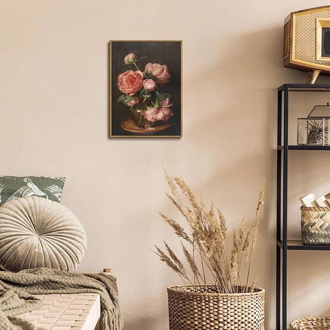 WALLZK Vintage Framed Wall Art Peony Wall Decor Pink Floral Canvas Prints Cottagecore Decor Rustic Farmhouse Pictures Artwork for Walls Living Room Bedroom Bathroom 12"x16"