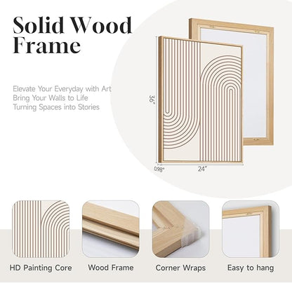 Large Framed Abstract Neutral Boho Wall Art for Living Room, 3 Piece Beige Mid Century Modern Canvas Artwork for Walls, Bauhaus Geometric Prints for Bedroom Office Dining Room Wall Decor, 24x36 Inch