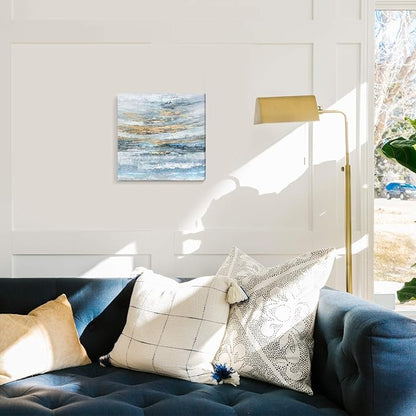 Nicetop Bathroom Wall Art Abstract Canvas Art Print Modern Blue Ocean Picture Small Coastal Sunset & Sunrise Artwork for Sea Lake Themed Home Bedroom Décor 13.3x13.3inch
