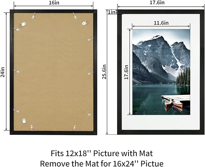 iRahmen 16x24 Picture Frame Set of 2 with Plexiglass, Black Wood Frame Display 12x18 Picture with Mat or 16 x 24 Without Mat, Poster Frame for Photo Wall Mounting Horizontal and Vertical