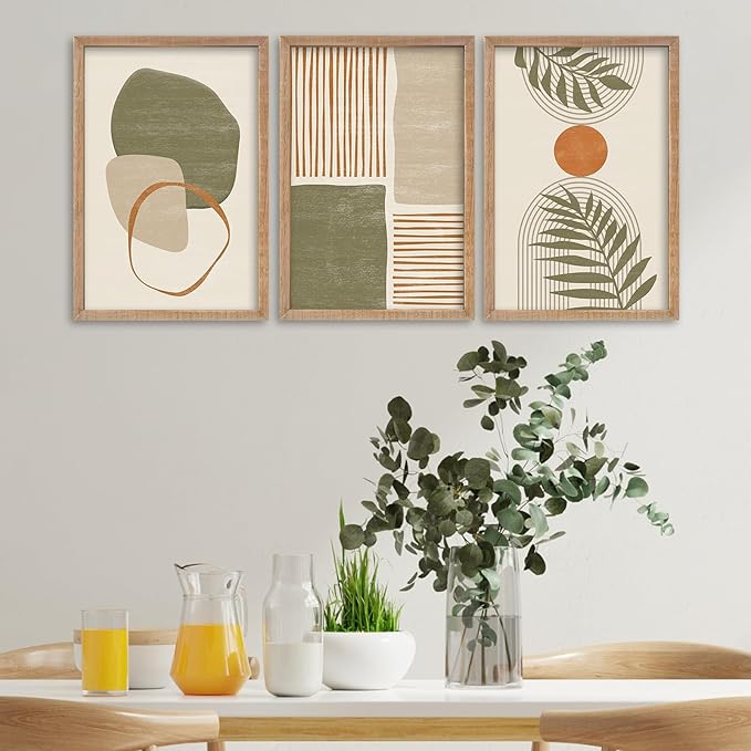 SRSZHIYUE Large Green Abstract Boho Plant Wall Art Neutral Bohemian Set of 3 Wood Framed 24x16 Inch for Living Room Bedroom Wall Decor Hanging (Wood)