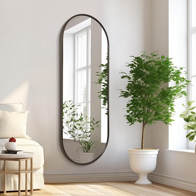 Oval Bathroom Full Length Mirror, Large 48x16'' Pill Shaped Oblong Vanity Wall Mirror, Metal Framed Aluminum Frame Decor Mirror for Living Room Vanity Bedroom Entryway Coffee