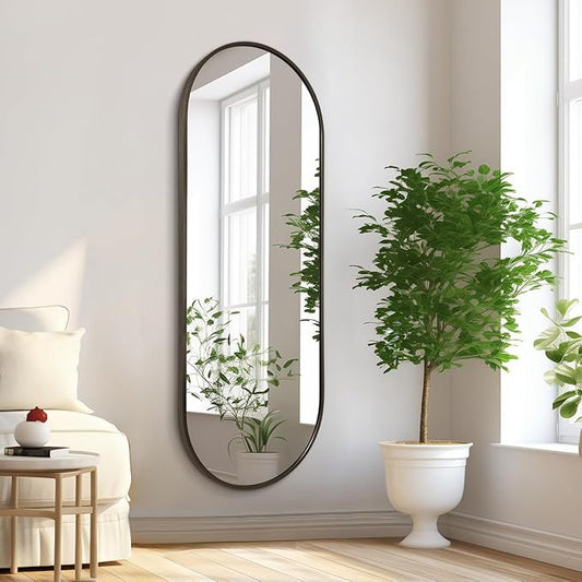 Oval Bathroom Full Length Mirror, Large 48x16'' Pill Shaped Oblong Vanity Wall Mirror, Metal Framed Aluminum Frame Decor Mirror for Living Room Vanity Bedroom Entryway Coffee