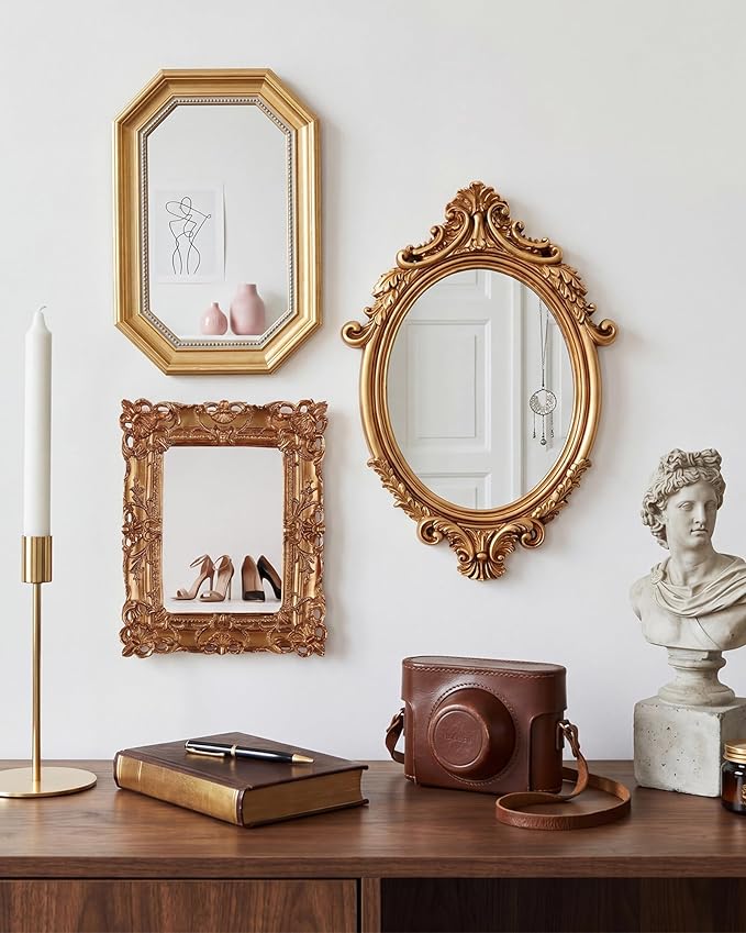 3 Styles Vintage Gold Mirror Set Wall Decorative, Vintage Wall Mirror Antique Hanging and Tabletop with Stand for Living Room Bedroom Dresser, Classic Home Wedding Decor(Court Baroque Style)