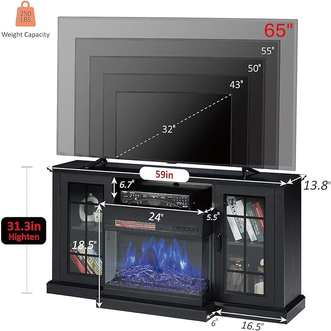 AMERLIFE 3-Sided Glass Fireplace TV Stand for TVs up to 65'', Media Entertainment Center Console Table with Door Closed Storage, Black