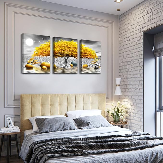 Wall decorations for living room Canvas Wall Art for bedroom Abstract wall decor Black and white Canvas Art Yellow tree paintings bathroom Home Decoration 3 Piece Hang Pictures Office Wall Artworks