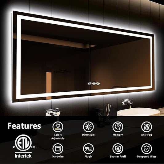 ROOMTEC 88"x38" LED Bathroom Mirror with Lights, Vanity Mirror with Front and Backlight, Smart Dimmable Anti-Fog LED Mirror for Bathroom, Memory Function, Tempered Glass (Horizontal)