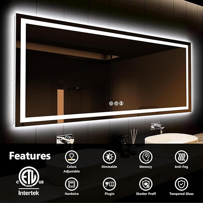 ROOMTEC 77 x 36 Inches LED Bathroom Mirror with Lights, Vanity Mirror with Front and Backlight, Smart Dimmable Anti-Fog LED Mirror for Bathroom, Memory Function, Tempered Glass (Horizontal)
