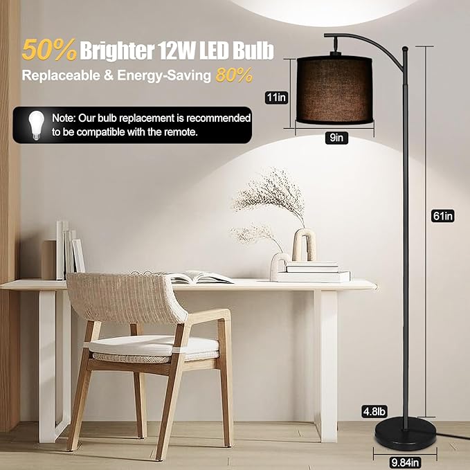 mukuxin LED Floor Lamps for Living Room, 12W 1200LM Modern Arc Floor Lamp with Remote & Adjustable Linen Lampshade, 12 Color Temperature Stepless Dimmable Tall Standing Lamp (Black)