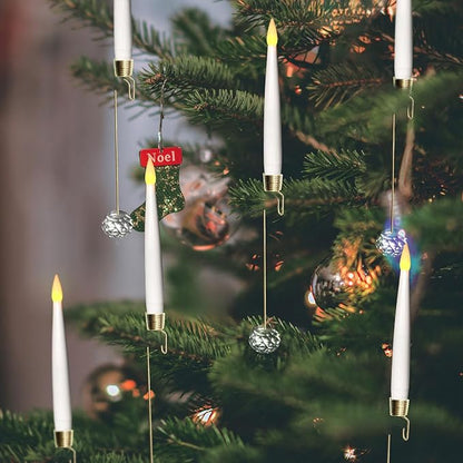 Leejec Christmas Tree Candles with Wand Remote, 10 Pack Battery Operated Flameless Taper Window Candle, Flickering Warm Light, Xmas Tree Decorations with Crystal Ball Hook, Wedding Home Gift