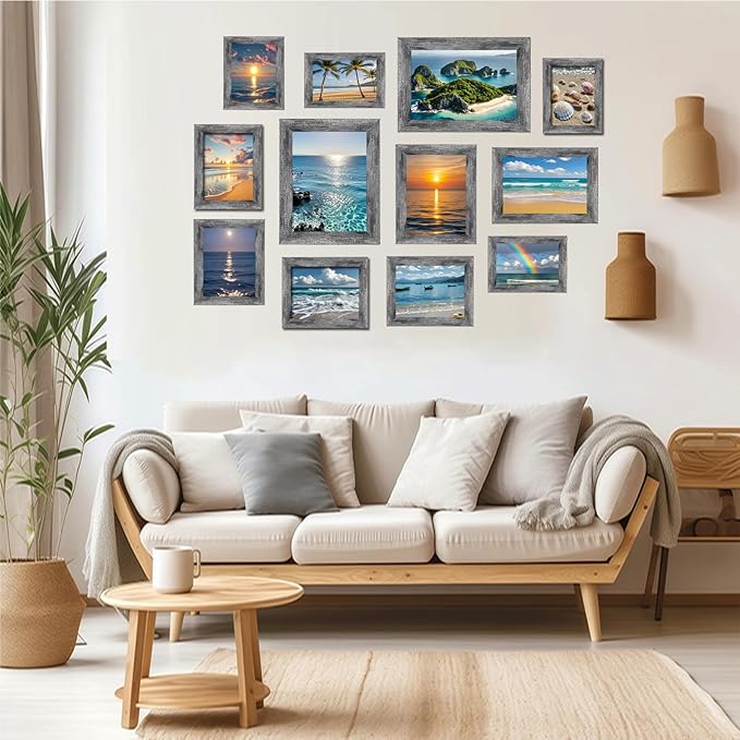 xnlkros 12 pack assorted gallery wall picture frame,rustic farmhouse wood picture frames multiple sizes including 4x6, 5x7, 8x10, 11x14, Ideal for living room hanging or tabletop display,Rustic Black